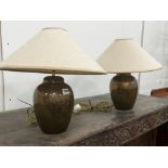 A pair of contemporary copper table lamps with shades, height including shades, 40cm