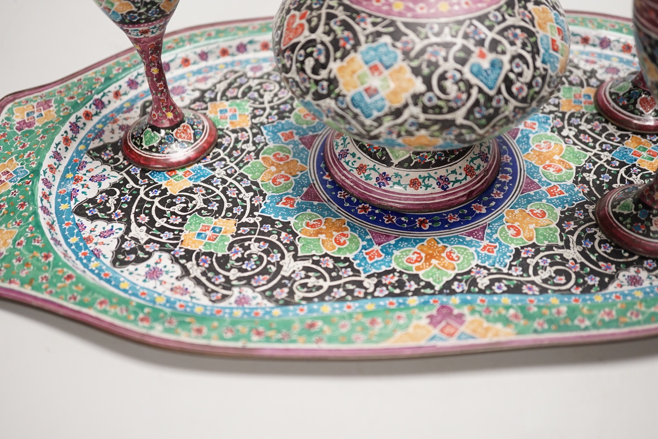 A decorative Persian enamel on copper set on stand. Tallest piece 20cm - Image 5 of 5