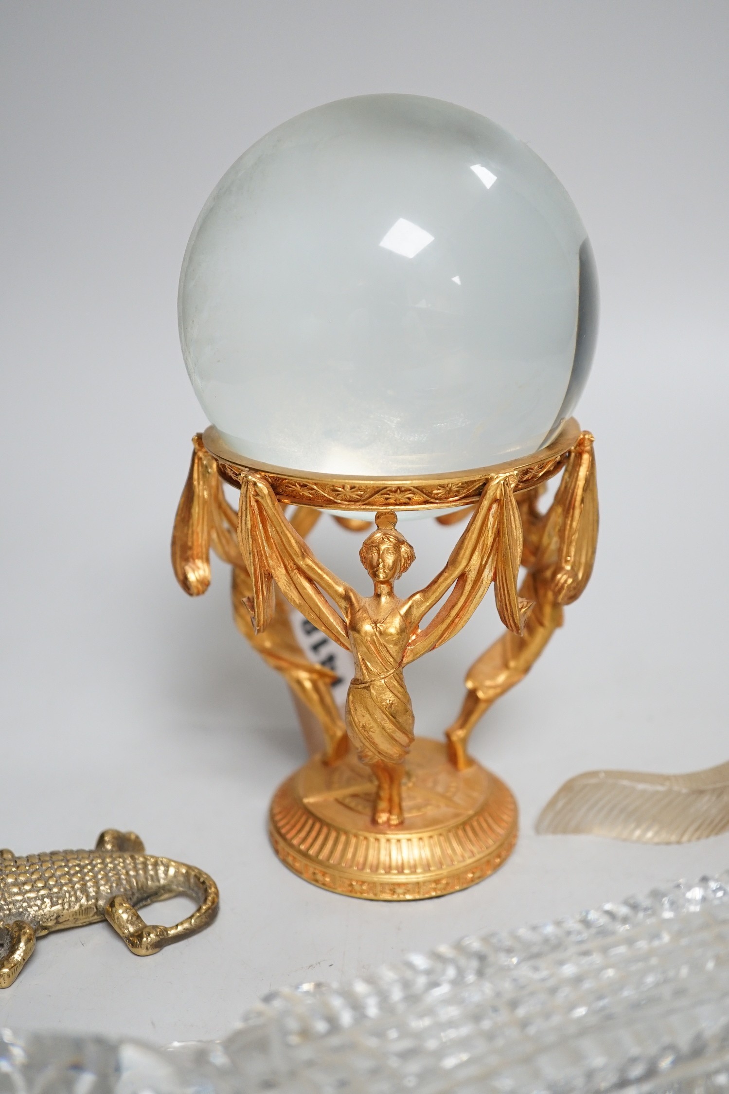 A crystal ball on gilt metal stand, 19cm tall, together with a hermatite crocodile, a jade type - Image 6 of 6