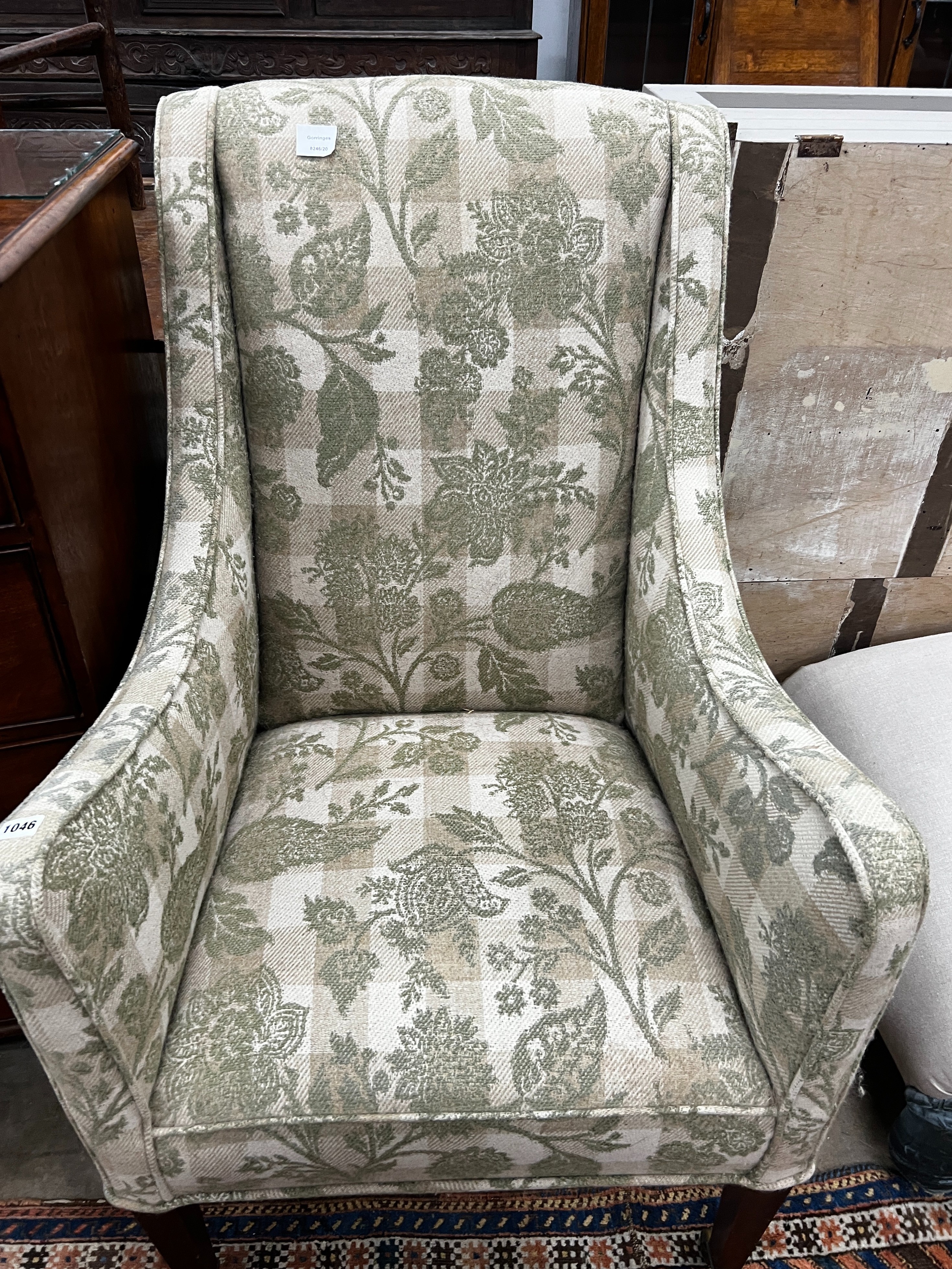 A 19th century wing armchair upholstered in patterned green floral fabric, width 68cm, depth 75cm, - Image 2 of 2