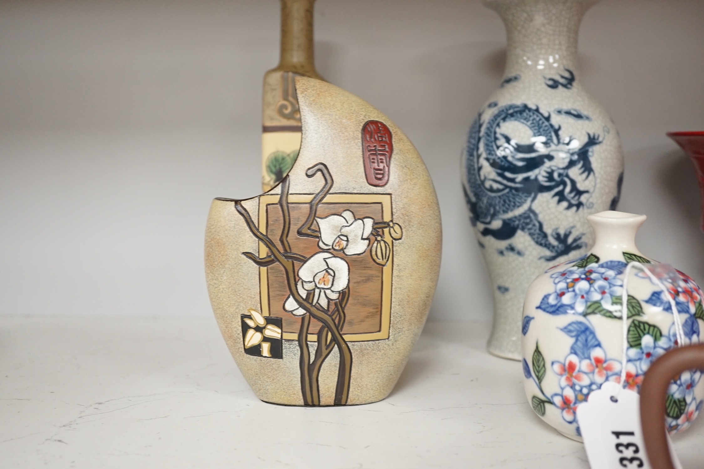 A Chinese blue and white dragon crackle glaze vase, together with a group of Chinese and Oriental - Image 10 of 10