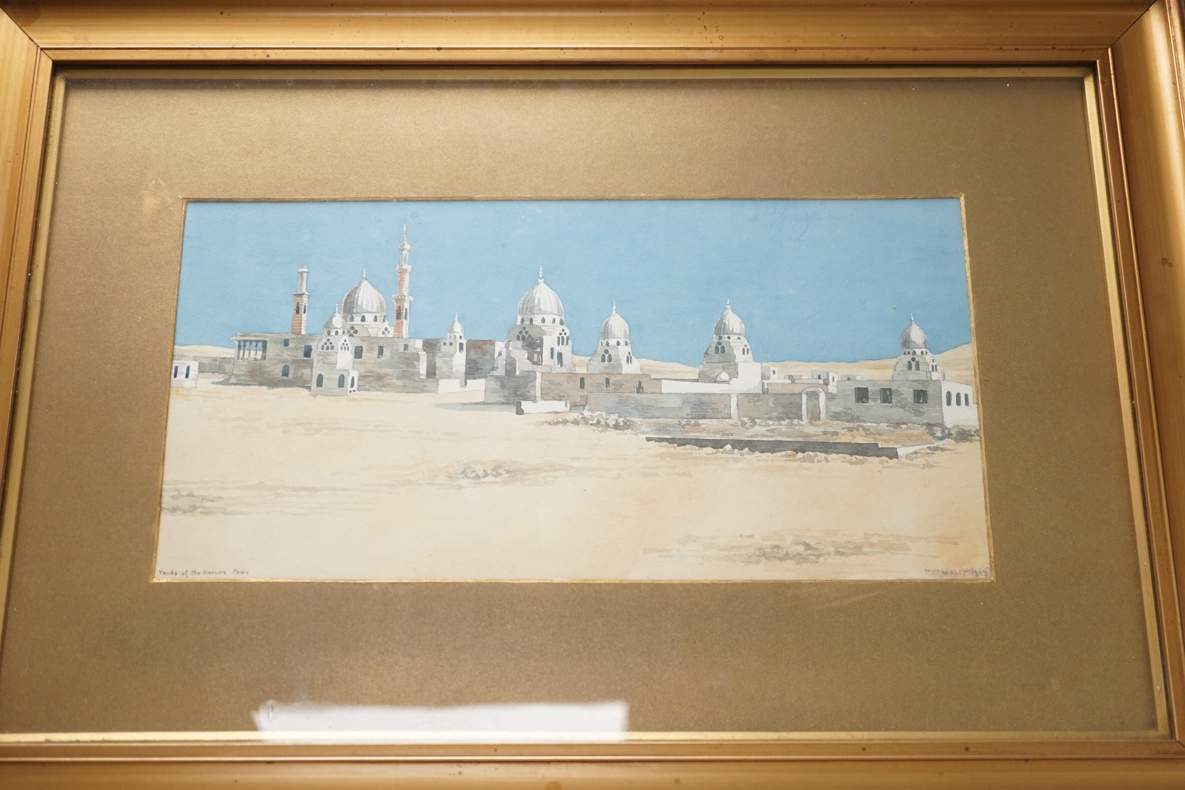 W.H. Hoadley, gouache, Tombs of the Khalifs, Cairo, signed, inscribed, and dated 1923, 17 x 35cm - Image 2 of 3