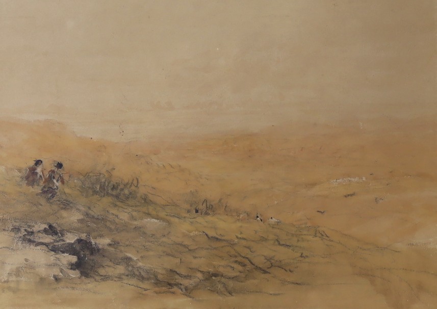 David Cox Snr (1783-1859), watercolour and black chalk, Shepherds running down a Welsh Hillside,