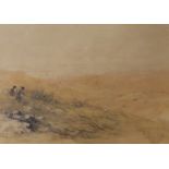 David Cox Snr (1783-1859), watercolour and black chalk, Shepherds running down a Welsh Hillside,