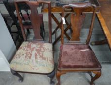 Two 18th century walnut and fruitwood dining chairs with solid splat and cabriole legs