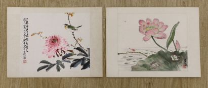 Chinese School, late 20th century, two colour woodblocks on paper, insects or birds and flowers,