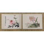 Chinese School, late 20th century, two colour woodblocks on paper, insects or birds and flowers,