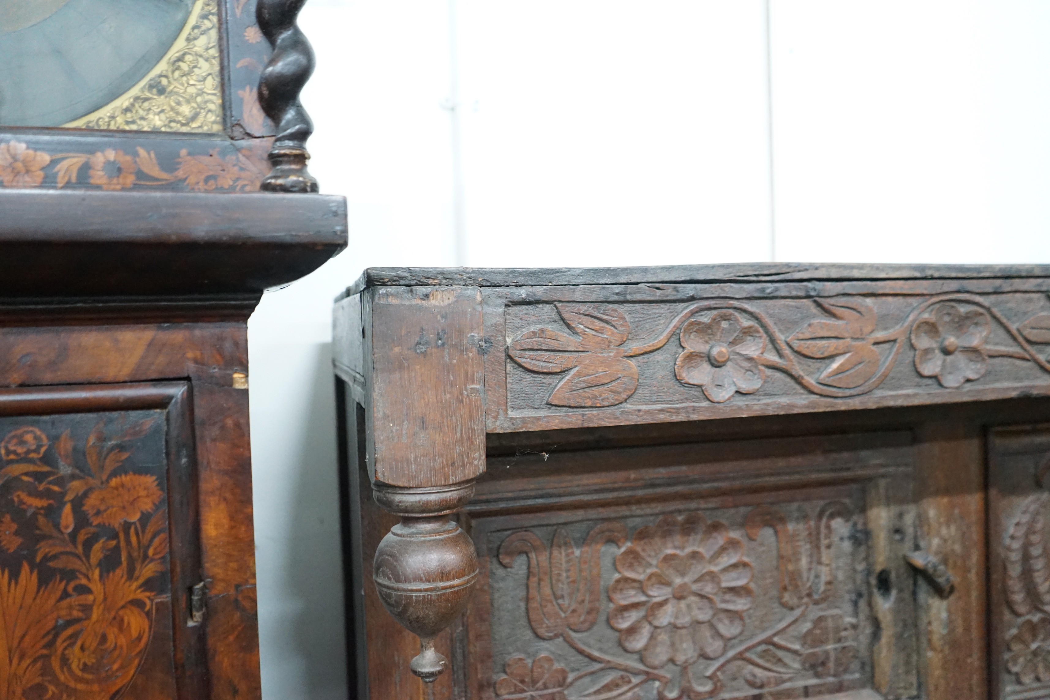 A 17th century carved oak court cupboard, dated 1685, width 170cm, depth 55cm, height 150cm - Image 2 of 4