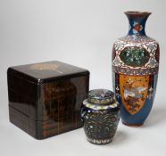 A large Japanese cloisonné enamel vase, 30.5cm high, a similar jar and cover and a Japanese
