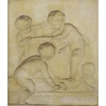 Continental School, late 18th century, en-grisaille oil on board, Cherubs constructing an urn,