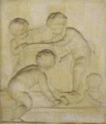 Continental School, late 18th century, en-grisaille oil on board, Cherubs constructing an urn,