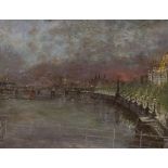 Antony Kerr (b.1924), oil on canvas, 'Charing Cross Railway from Waterloo Bridge', signed and