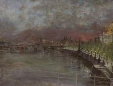 Antony Kerr (b.1924), oil on canvas, 'Charing Cross Railway from Waterloo Bridge', signed and