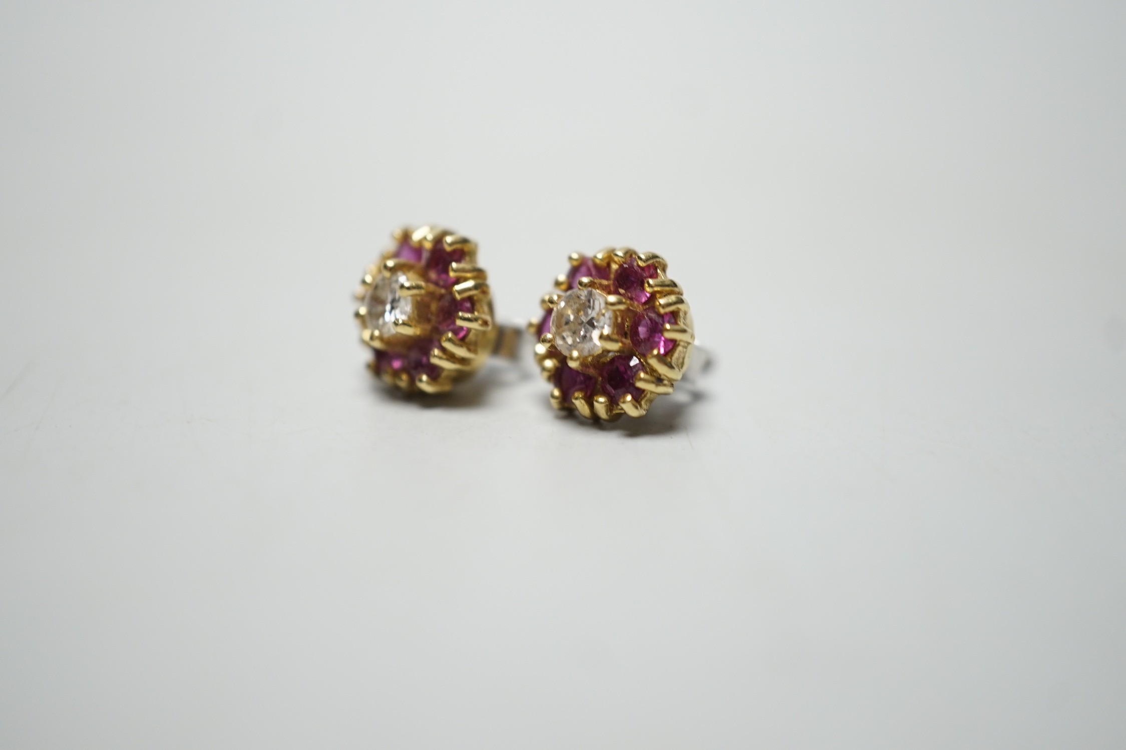 A pair of 18ct gold, diamond and garnet? circular cluster ear studs, 9mm, gross weight 4 grams. - Image 3 of 4