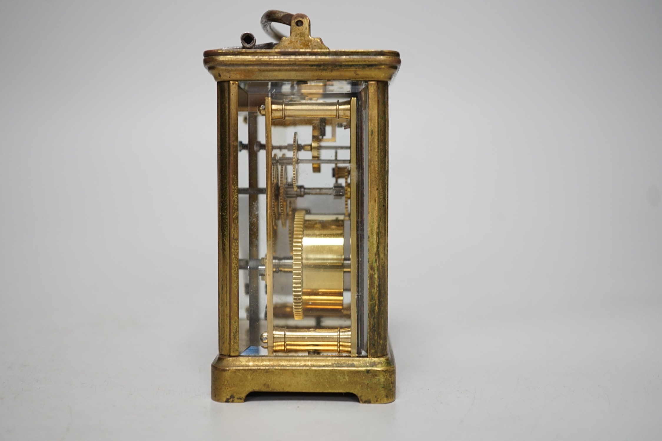 A 19th century brass carriage timepiece with black Roman numerals and second markers over a white - Image 2 of 4