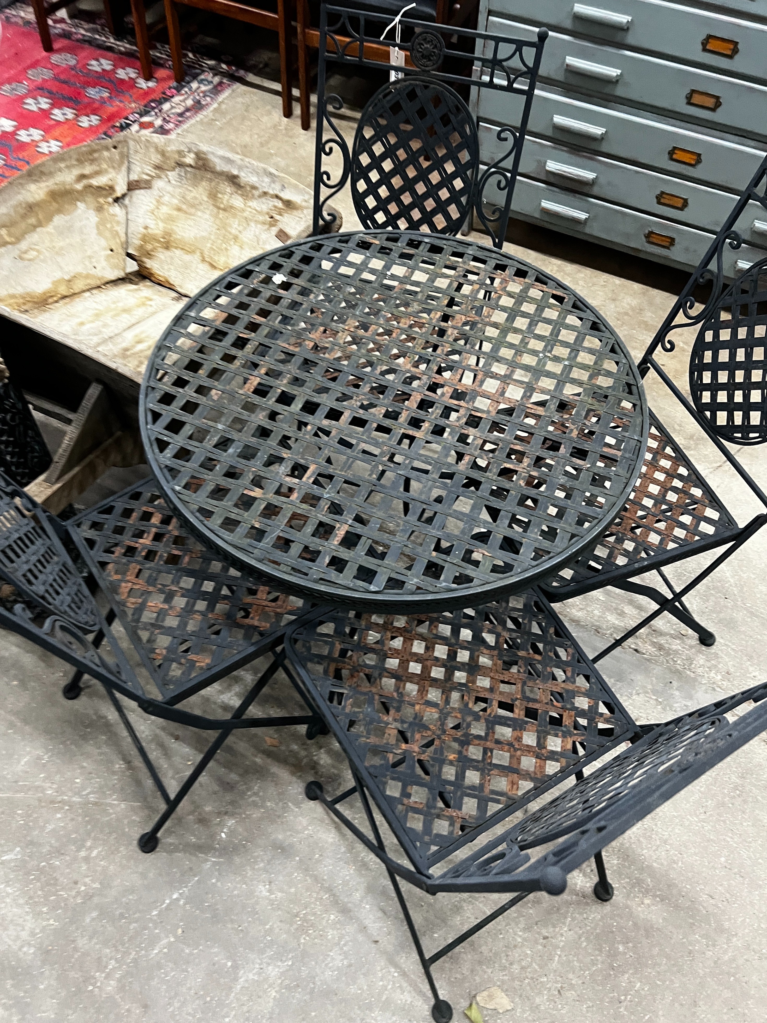 A circular painted metal garden table, diameter 70cm, height 71cm together with four matching - Image 3 of 3