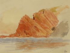 Albert Goodwin RWS (1845–1932), watercolour and pencil, Cliffs and beach, probably near