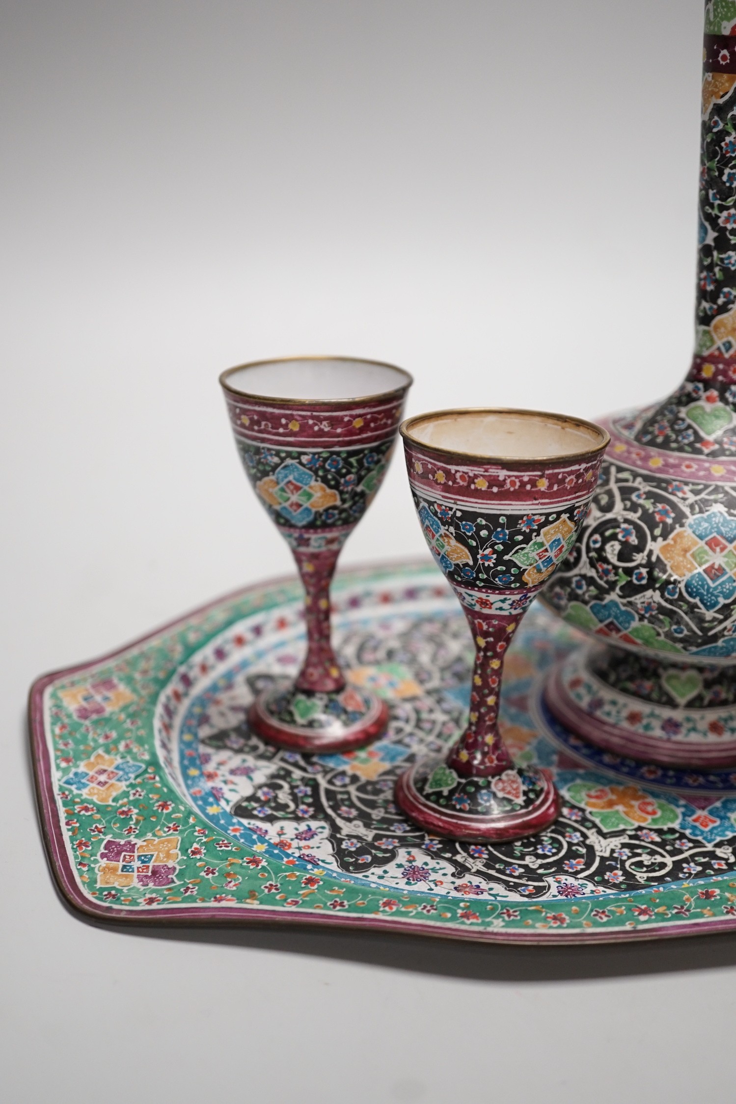 A decorative Persian enamel on copper set on stand. Tallest piece 20cm - Image 3 of 5