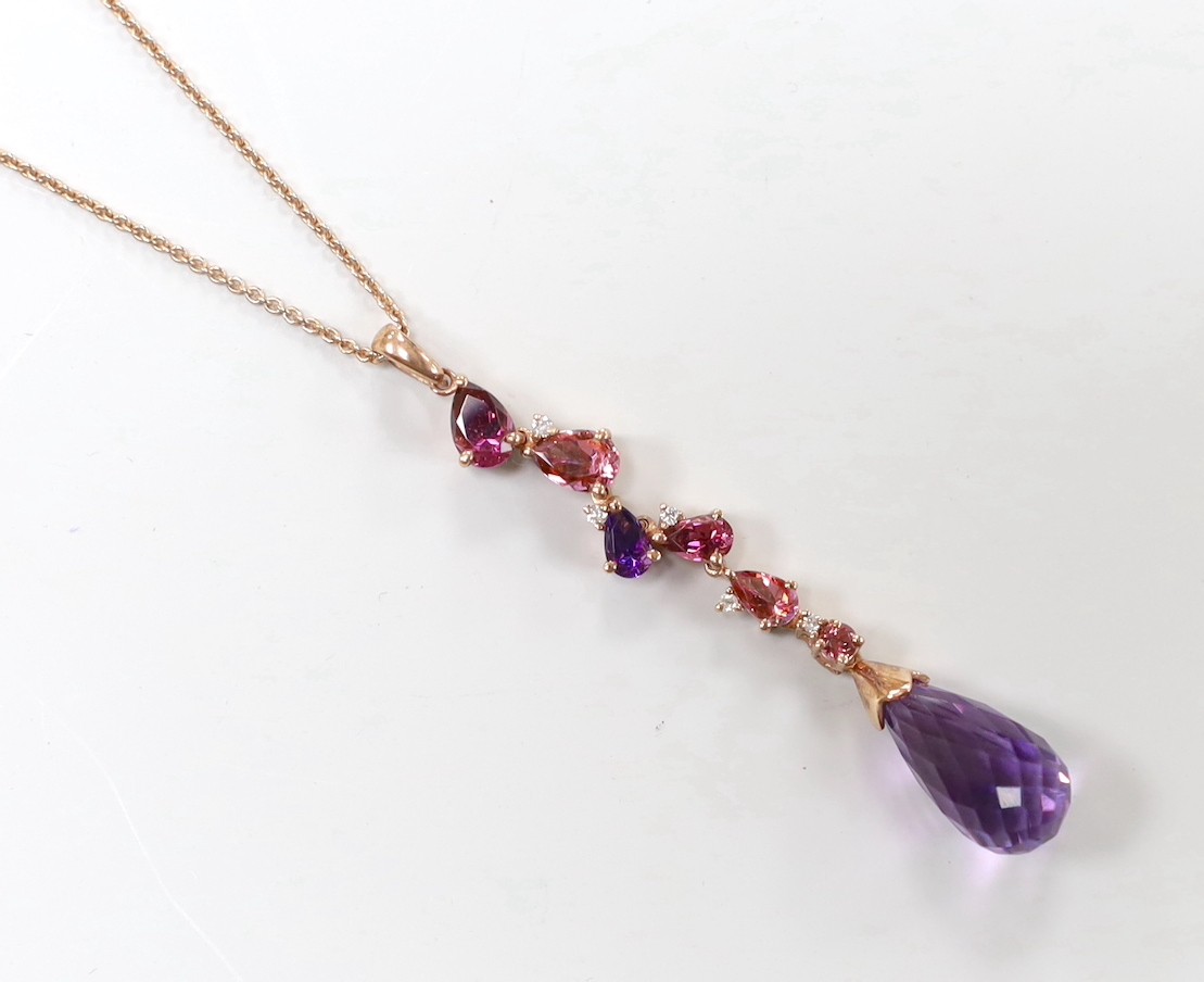 A modern 9ct gold, garnet, topaz, amethyst and diamond chip set drop pendant necklace, pendant 46mm,