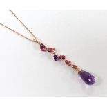 A modern 9ct gold, garnet, topaz, amethyst and diamond chip set drop pendant necklace, pendant 46mm,