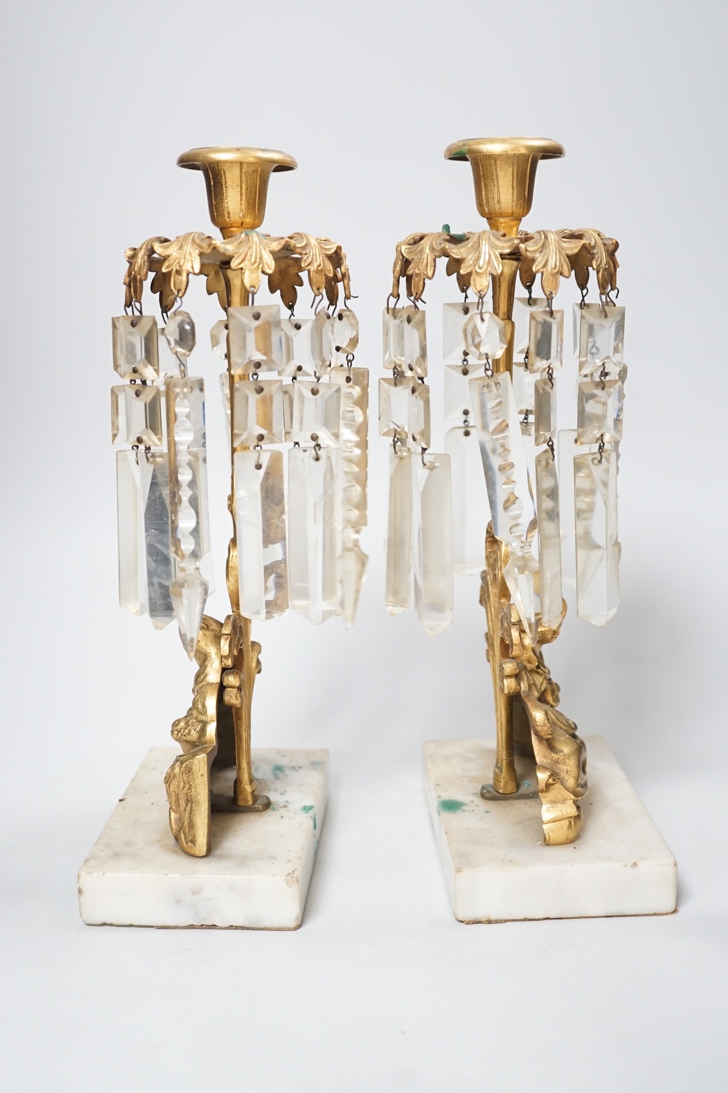 A pair of figural gilt metal table candlestick lustres on marble bases. 30cm tall - Image 2 of 3