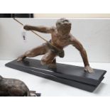 A patinated spelter hunter, on slate plinth, 72cm long