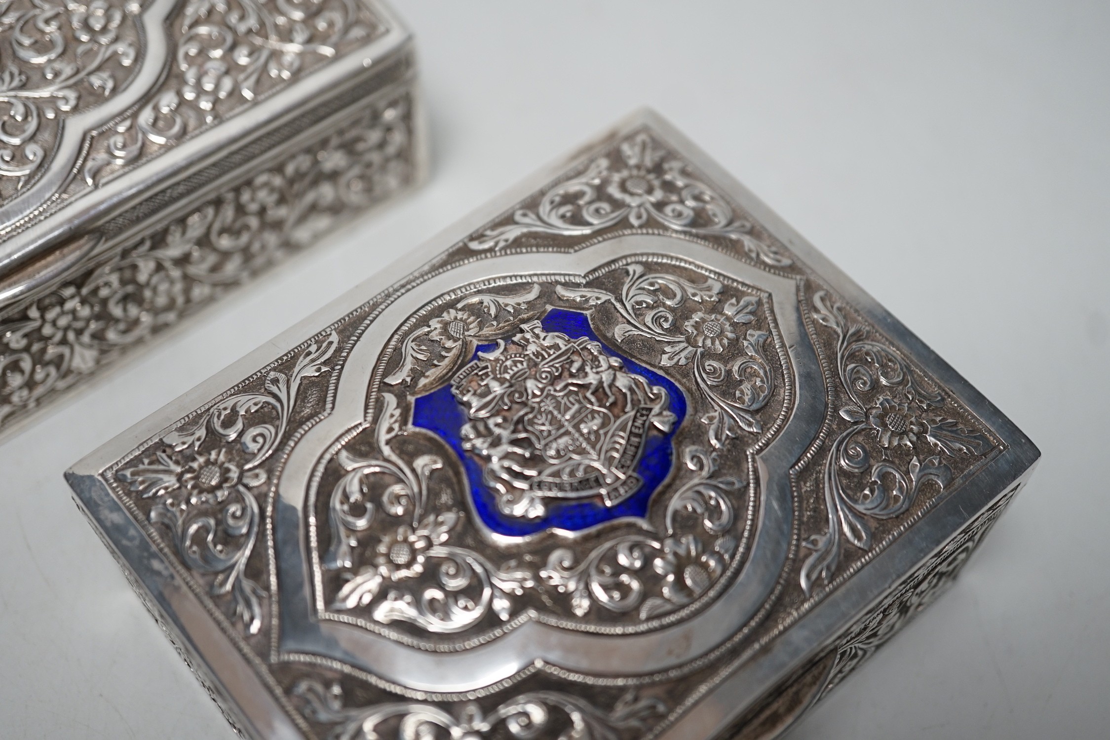 Two early 20th century Indian embossed white metal rectangular boxes, both with applied enamelled - Image 3 of 5