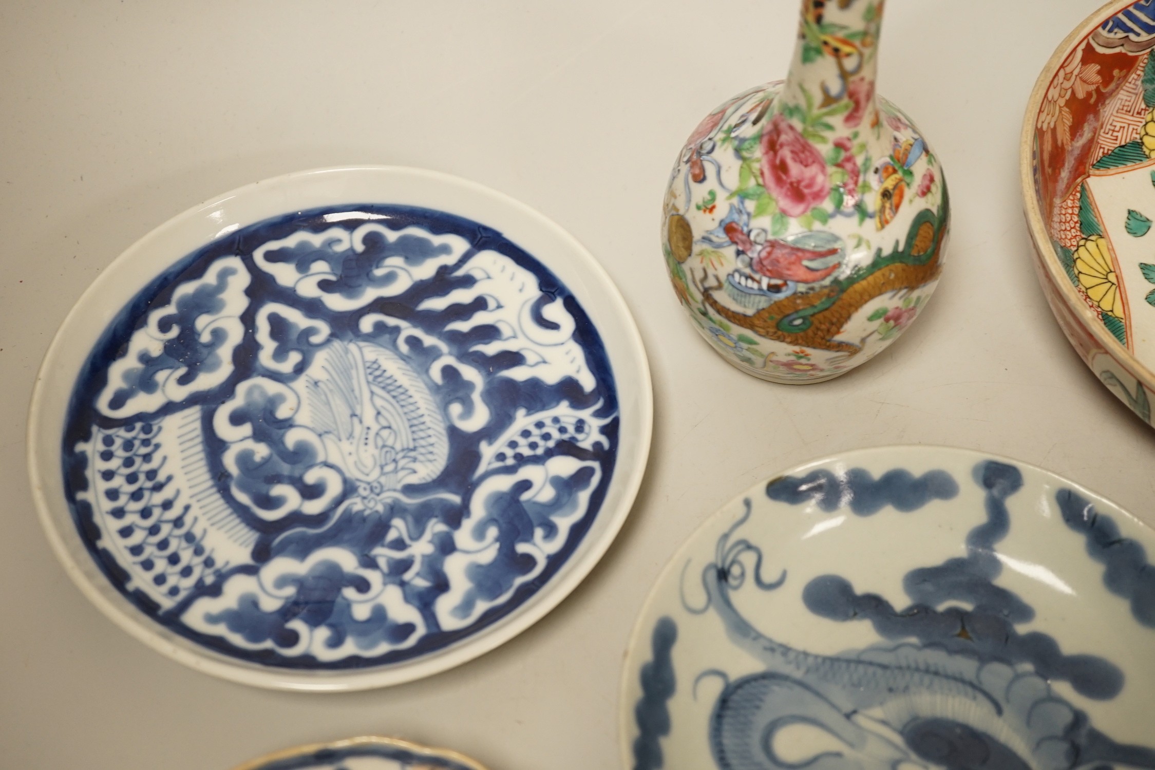 A Chinese famille rose bottle vase, 17cm tall, together with a group of oriental porcelain - Image 4 of 11