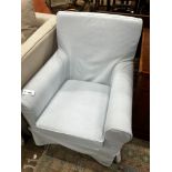 A Laura Ashley armchair upholstered in a pale blue fabric, length 76cm, depth 65cm, height 86cm