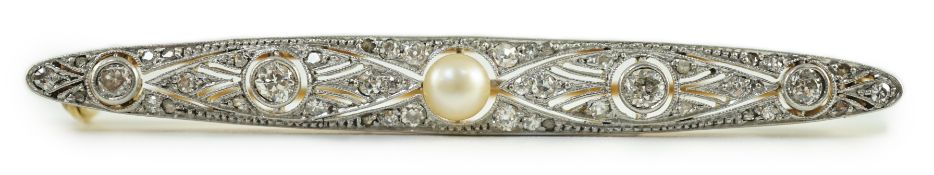 An early 20th century Belle Epoque, gold and platinum, pearl and millegrain set round and rose cut