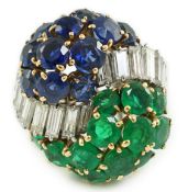 A late 20th century French 18ct white gold round cut emerald, sapphire and graduated baguette cut
