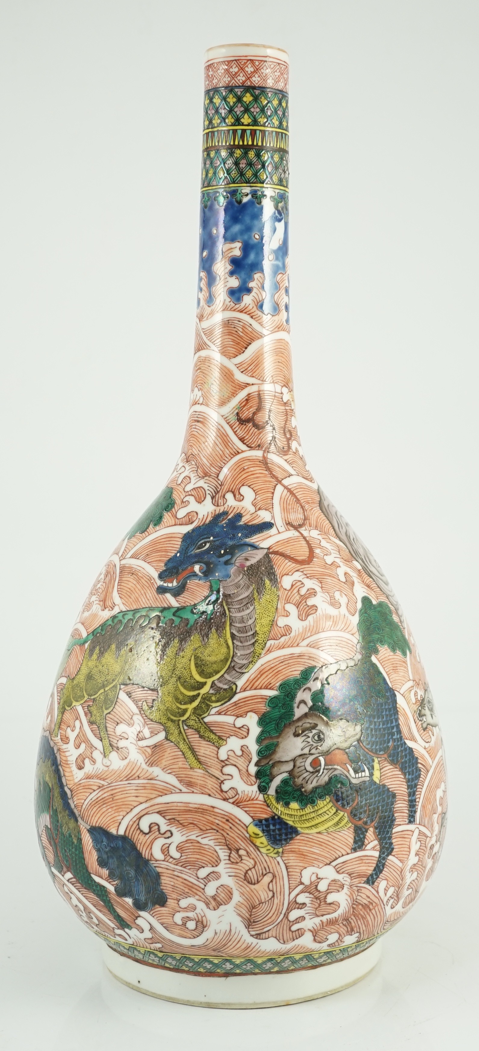 A Chinese famille verte ‘mythical creatures’ bottle vase, 19th century, painted in colours with - Image 3 of 7