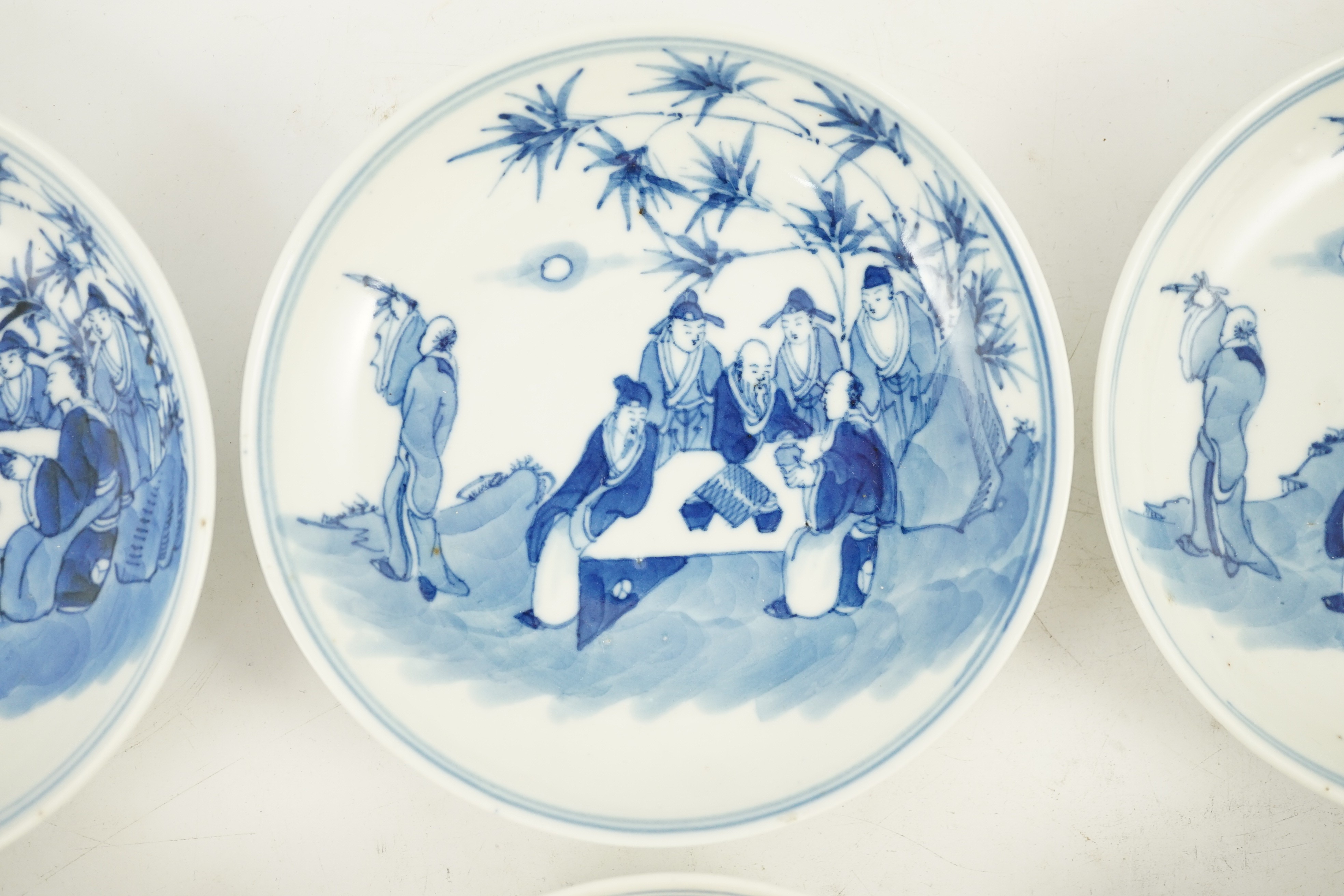A set of six Chinese ‘Seven Sages of the Bamboo Grove’ saucer dishes, Kangxi marks but late 19th - Image 8 of 10