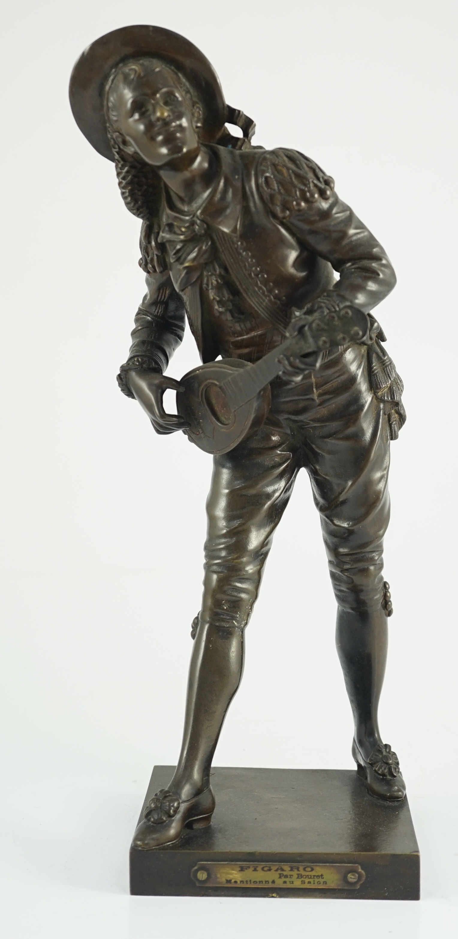 Eutrope Bouret (French, 1833-1906). A bronze figure of 'Figaro', standing playing a mandolin, signed - Image 3 of 9