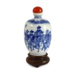 A Chinese blue and white snuff bottle, Yongzheng mark, 1850-1900, painted with dignitaries on