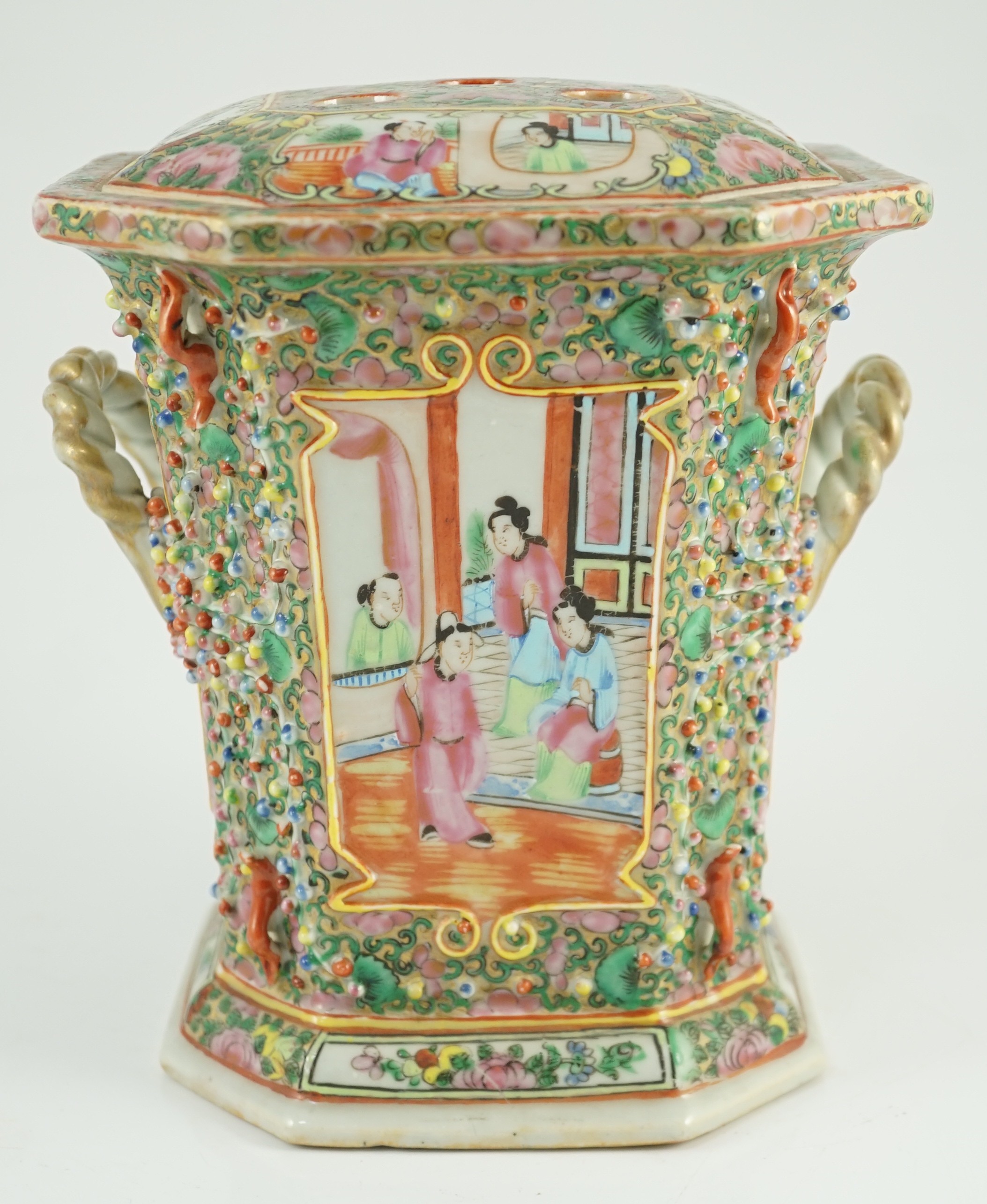 A Chinese Canton (Guangzhou) famille rose decorated bough pot and cover, c.1830, painted with - Image 4 of 9