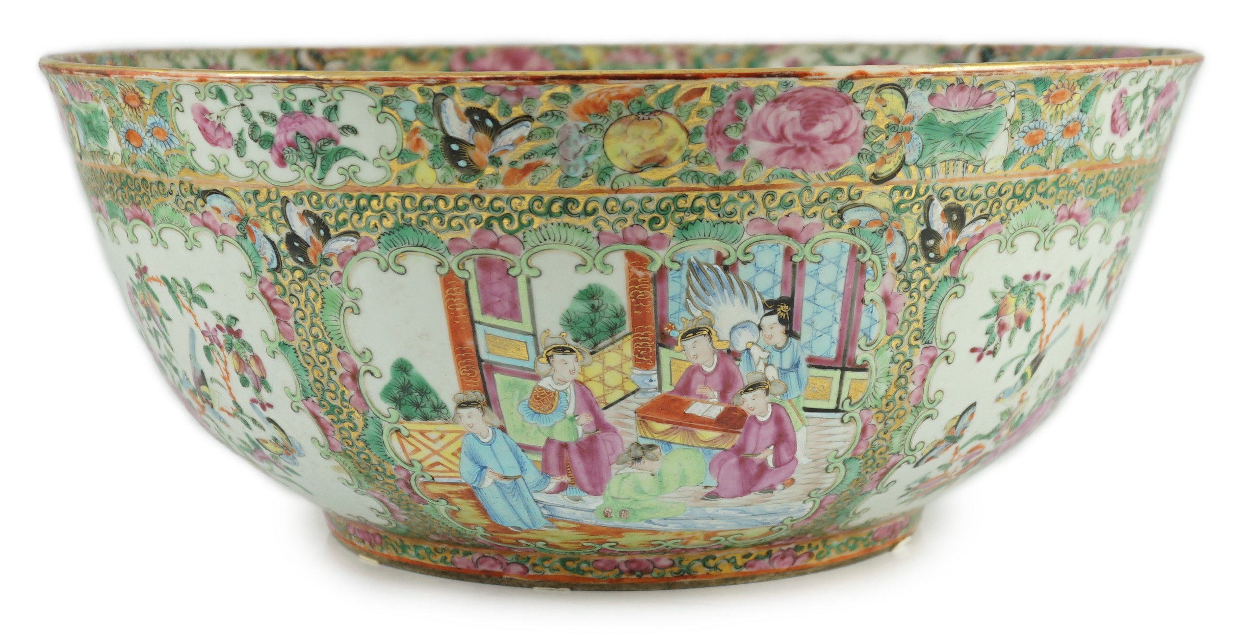 A large Chinese Canton (Guangzhou) decorated famille rose bowl, c.1830-50, typically painted to