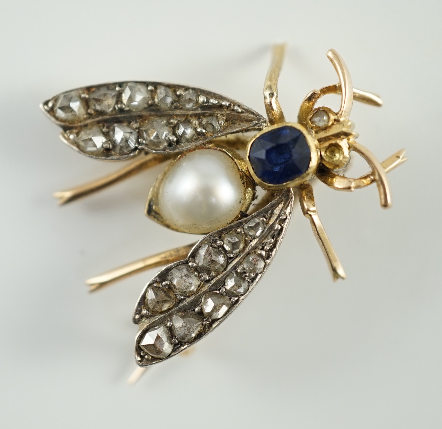 A late Victorian gold, sapphire, baroque pearl and rose cut diamond set bug brooch, 23mm, gross - Image 2 of 3