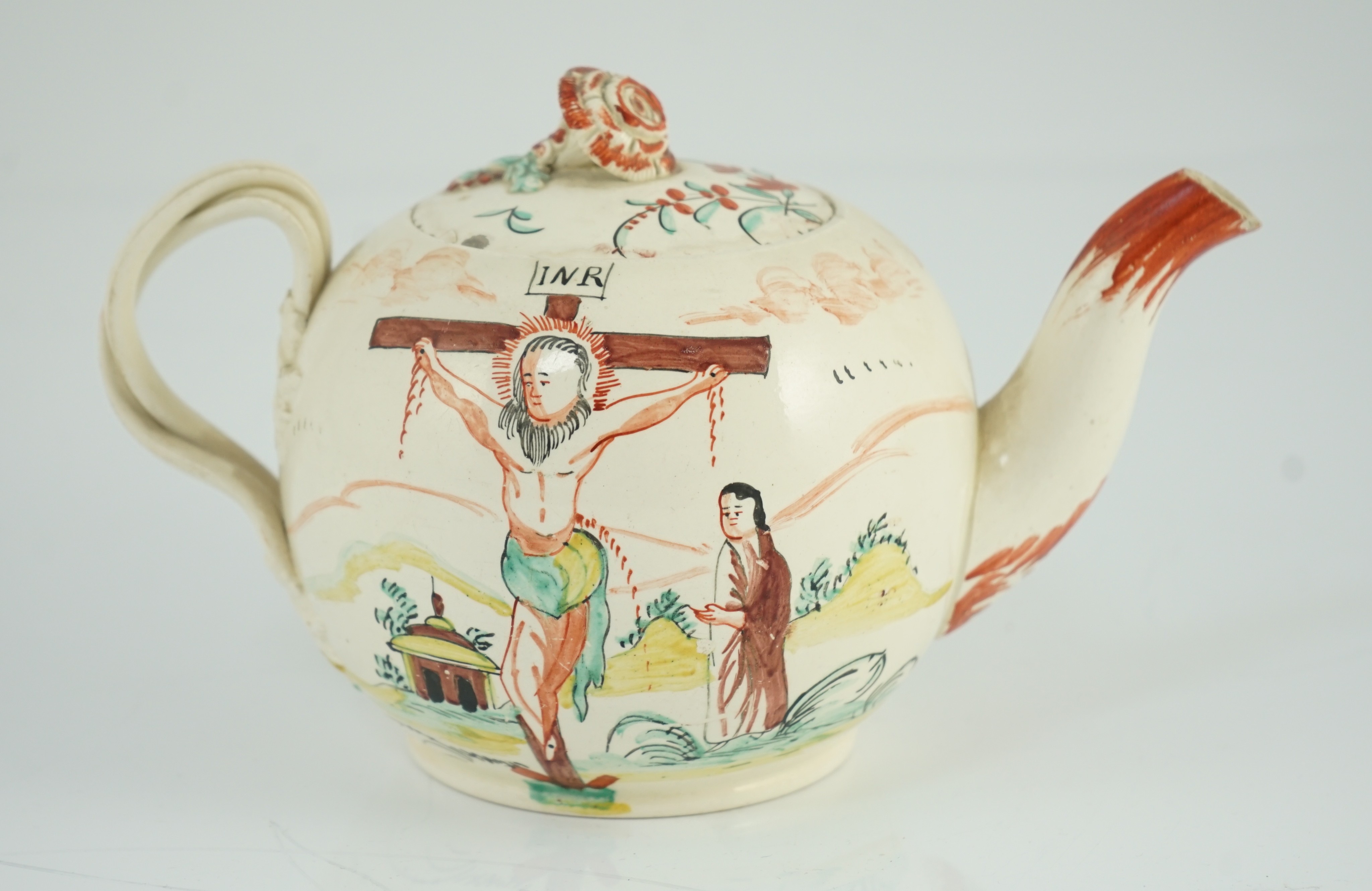 A rare English creamware ‘crucifixion’ teapot, c.1780-1800, each side depicting Christ with Mary - Image 5 of 7