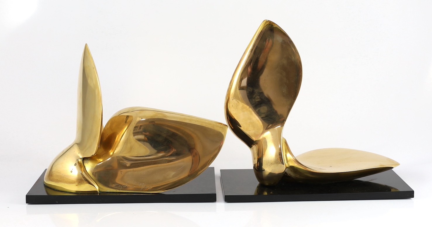 Jack Zajac (American, b.1929). A pair of bronze abstract sculptures, on ebonised plinths, one signed - Image 4 of 5