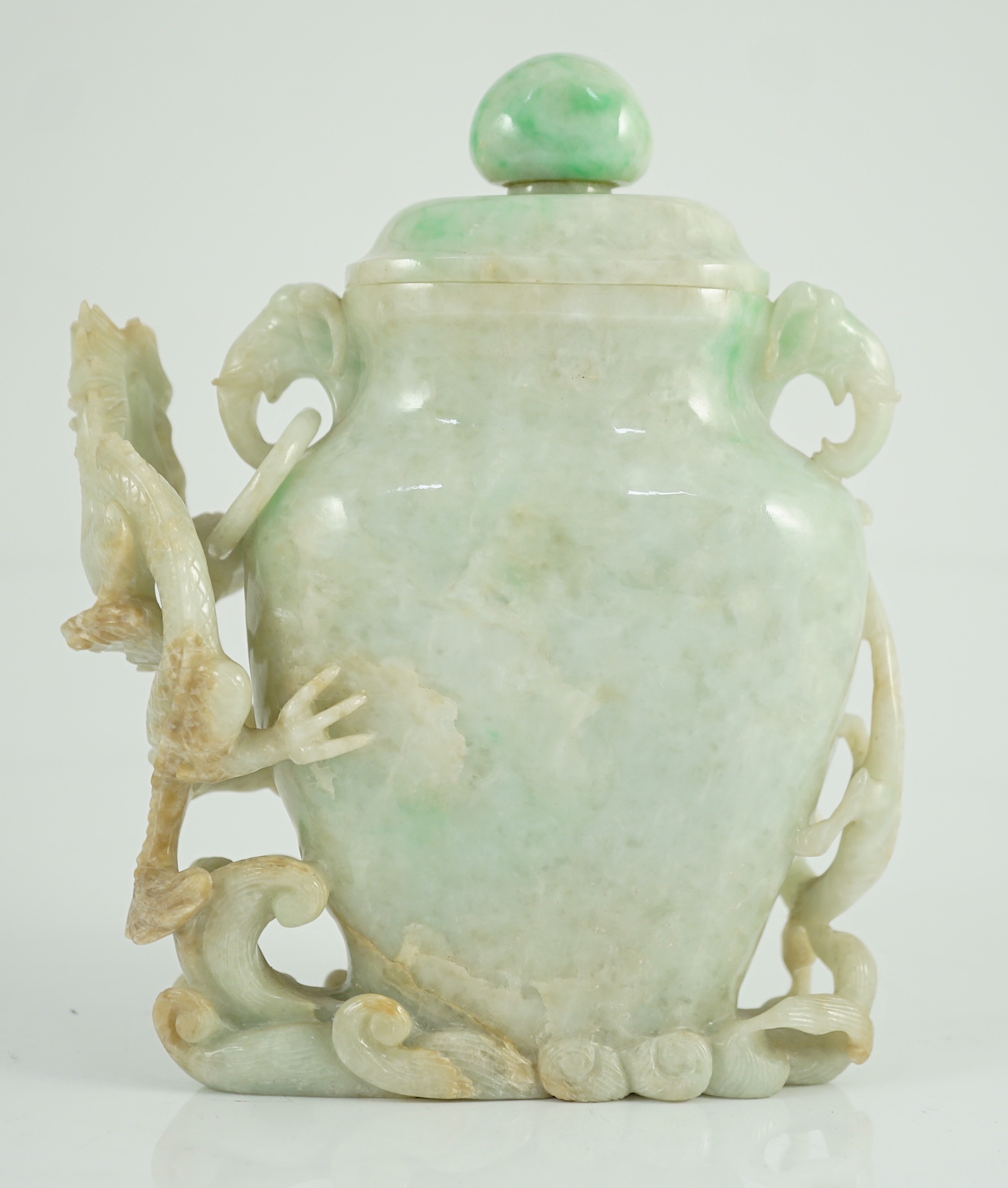 A Chinese jadeite 'dragon' vase and cover, late 19th/early 20th century, carved in high relief and - Image 4 of 5