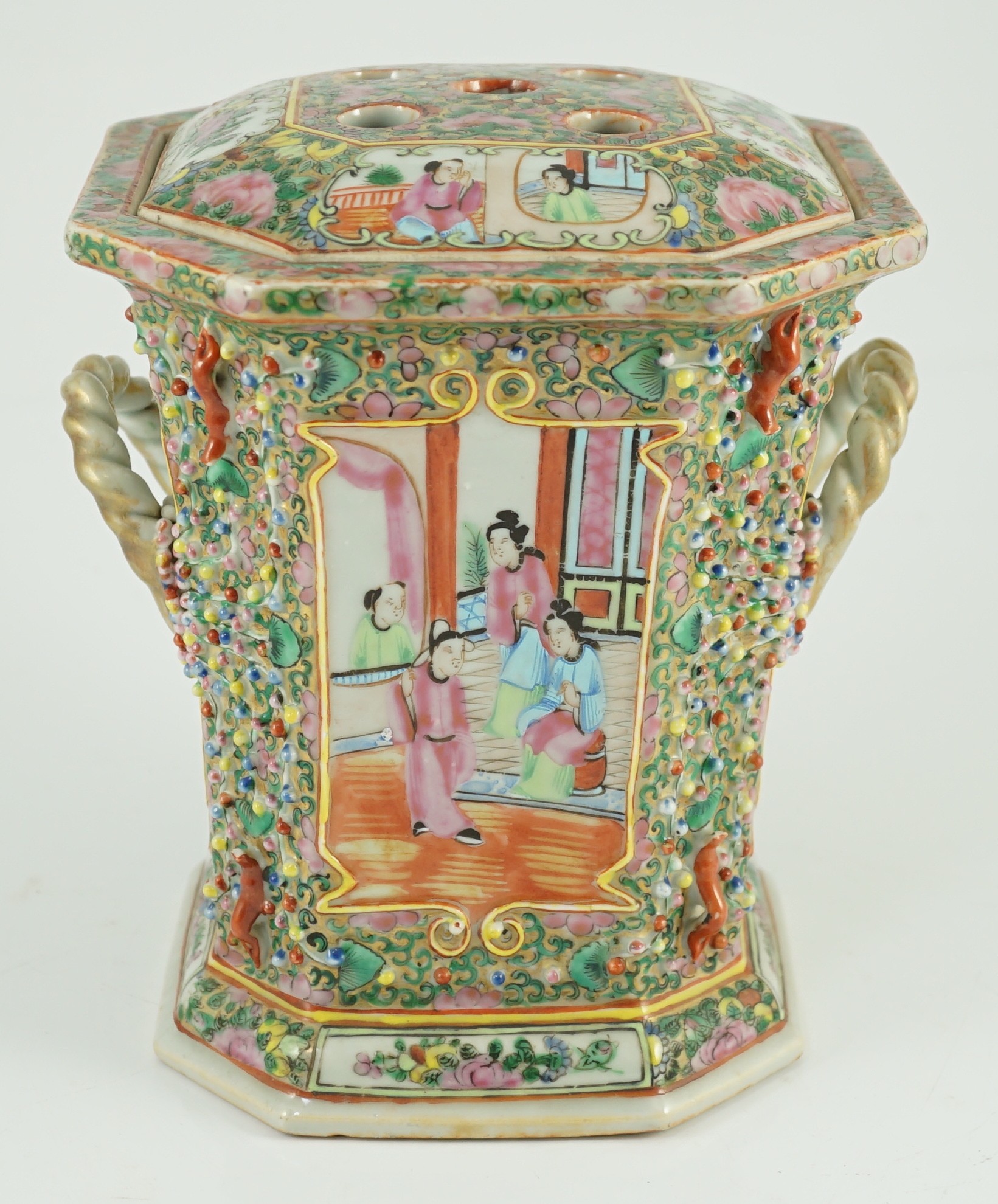 A Chinese Canton (Guangzhou) famille rose decorated bough pot and cover, c.1830, painted with - Image 2 of 9