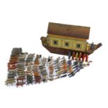 A late 19th century German painted wood Noah's Ark with 136 assorted figures and animals, 14cm wide,