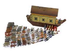 A late 19th century German painted wood Noah's Ark with 136 assorted figures and animals, 14cm wide,