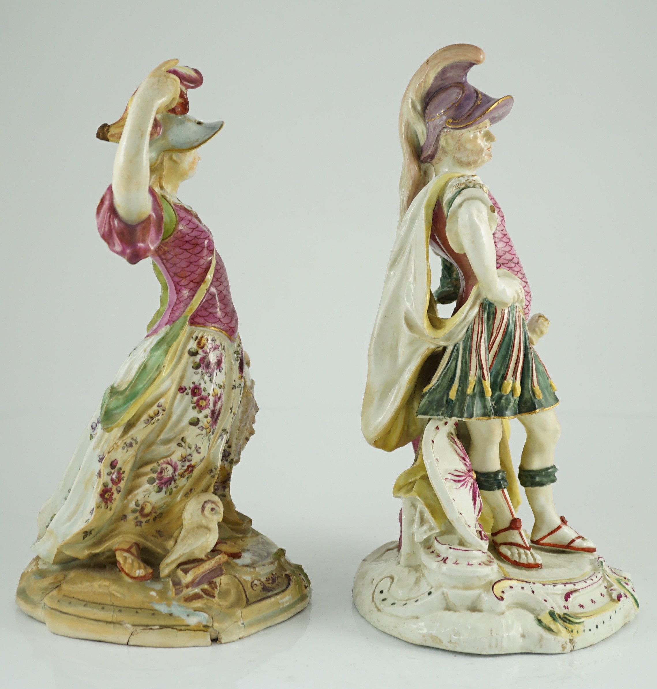 A pair of large Derby porcelain figures of Minerva and Mars, c.1760, decorated in bright puce, - Image 7 of 10