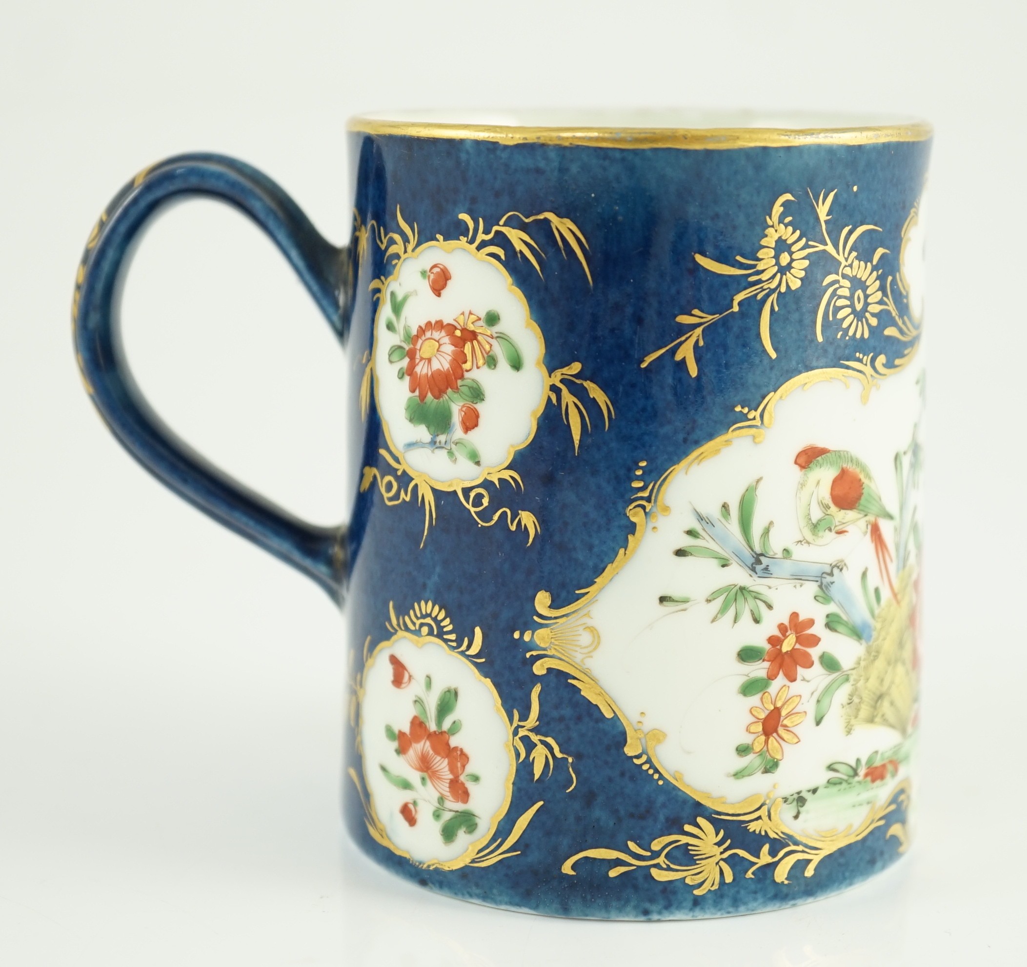 A Worcester kakiemon powder blue small mug, c.1765, painted with a bird, wheatsheaf, flowers and - Image 4 of 8