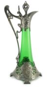 An Art Nouveau WMF metal mounted green glass ewer, c.1905, cast in relief with Art Nouveau maiden'