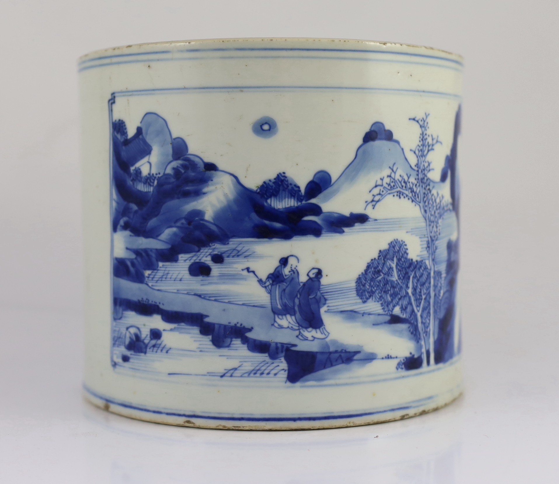 A Chinese blue and white ‘landscape’ brushpot, bitong, Kangxi period, painted to rectangular - Image 2 of 7