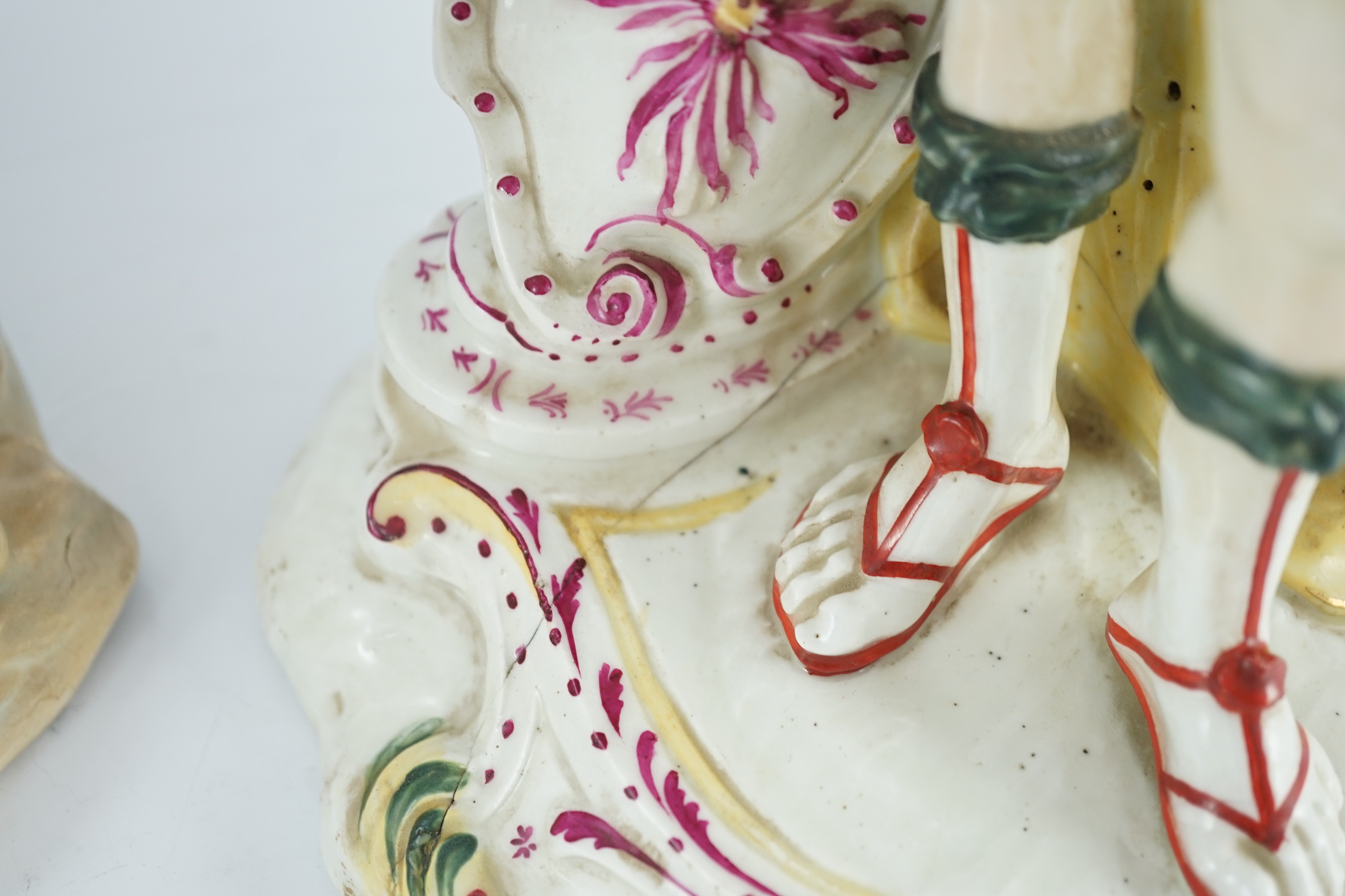 A pair of large Derby porcelain figures of Minerva and Mars, c.1760, decorated in bright puce, - Image 2 of 10