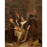 Richard Brakenburg (Dutch, 1650-1702) Couple drinking and laughing in an interior, with a maid by